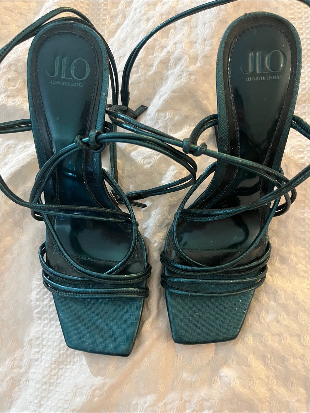 Jennifer Lopez Teal Wrap Lace-Up Square-Toe Heels